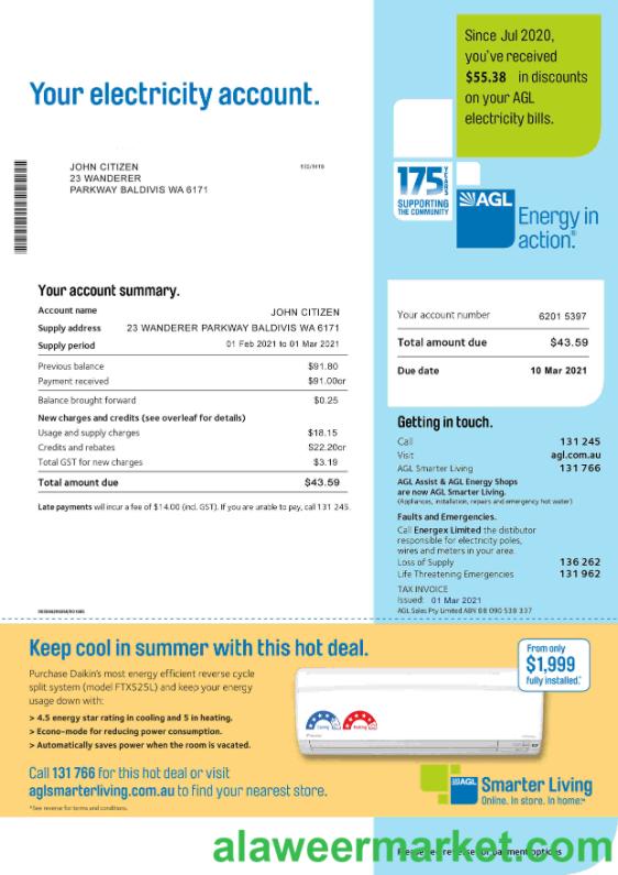 Australia AGL electricity utility bill template, fully editable in PSD format